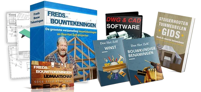 De covers van de vijf bonussen bij het bouwtekeningenpakket naast elkaar