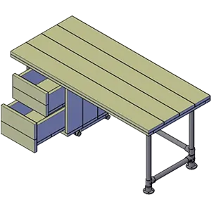 Bouwtekening-render van een bureau met lades van steigerhout en steigerbuis