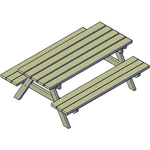 Bouwtekening-render van een houten picknicktafel