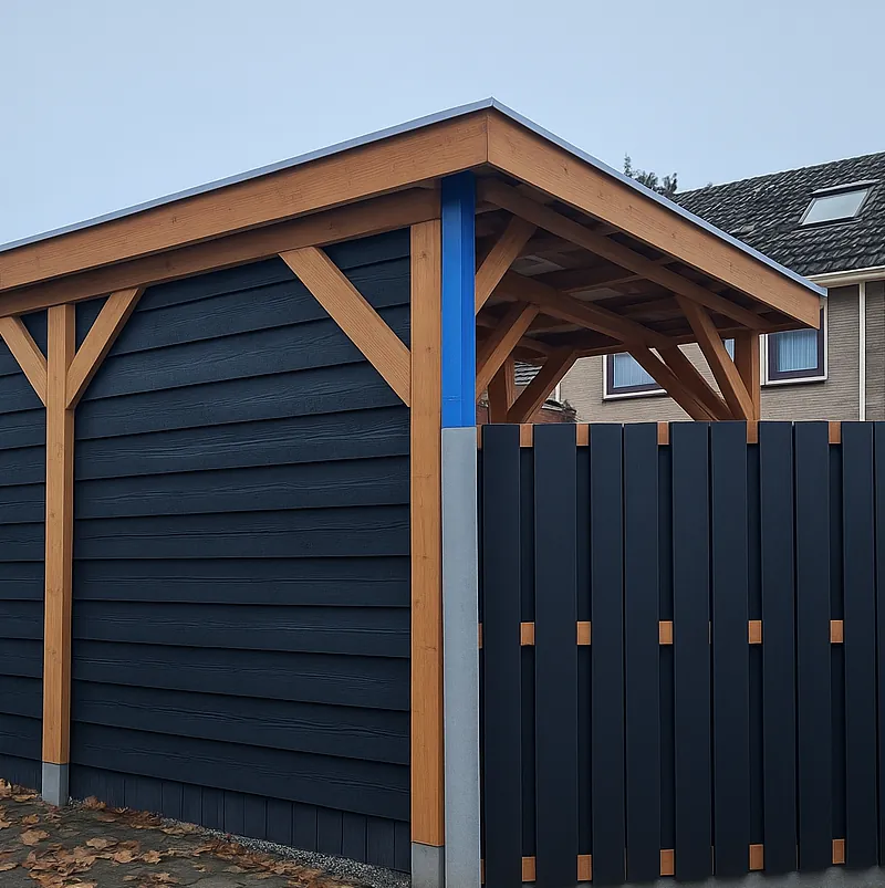 Afgeronde houten overkapping met carport tegen een donkere schutting, gebouwd met een tekening van Fred