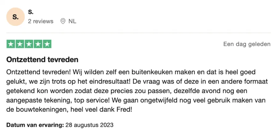 5-sterrenreview: klant maakte zelf een buitenkeuken met Freds tekeningen