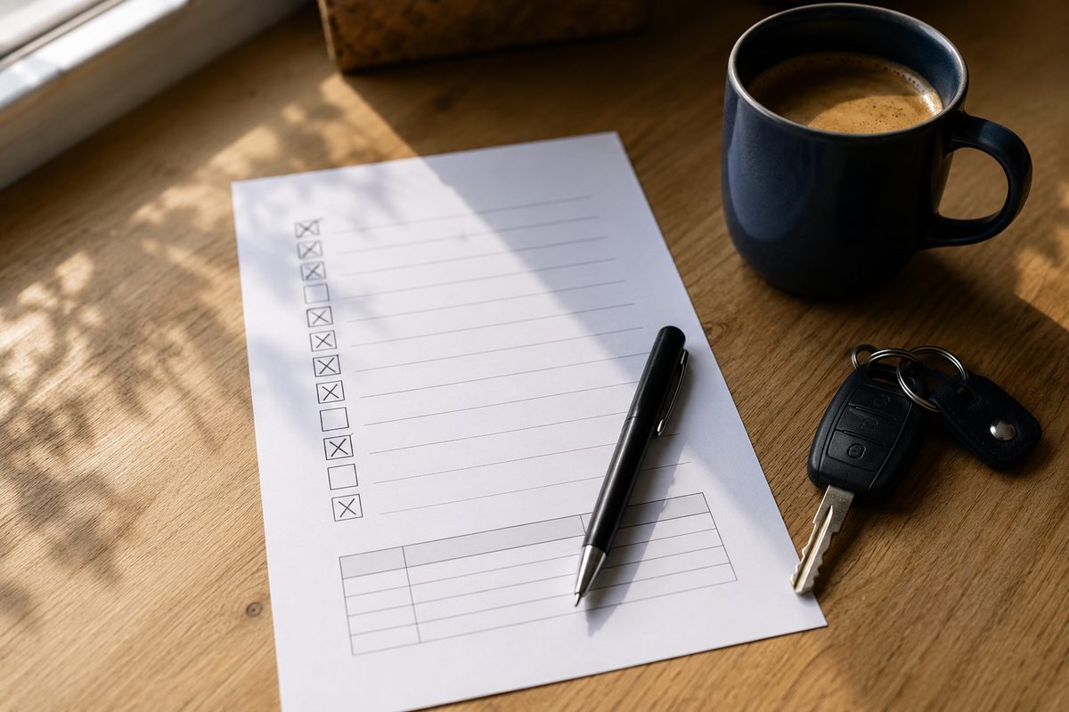 De printbare checklist op tafel, punt voor punt afgevinkt met een pen