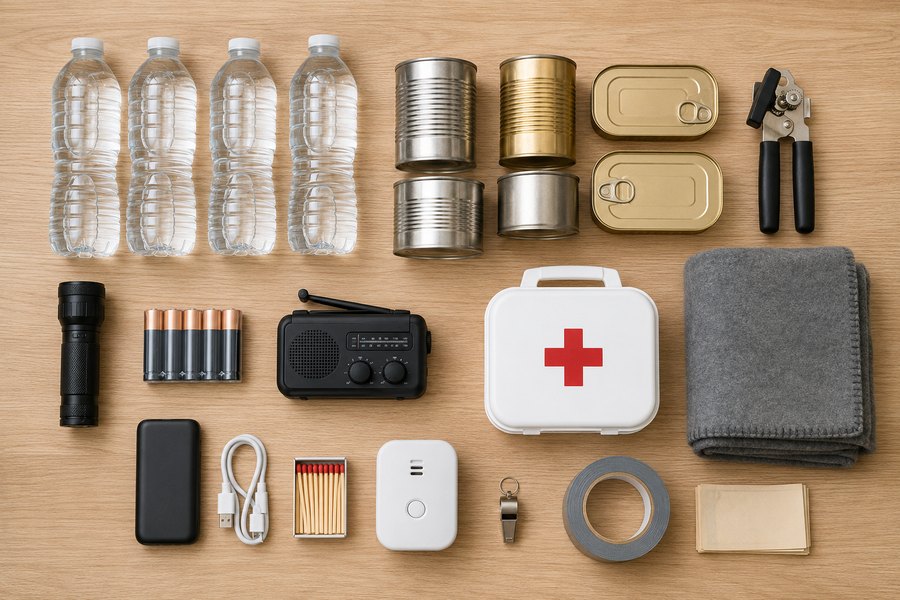 Een compleet noodpakket uitgestald: water, conserven, blikopener, zaklamp, batterijen, radio, powerbank, EHBO, lucifers, fluitje, tape en dekens
