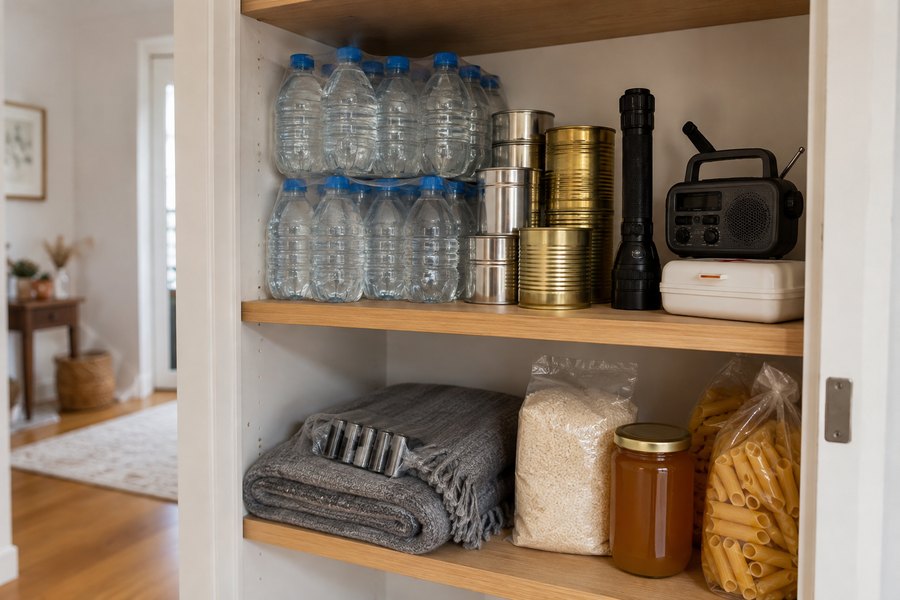 Een geordende voorraadkast met flessen water, conserven, zaklamp, radio, EHBO-doos, batterijen en dekens
