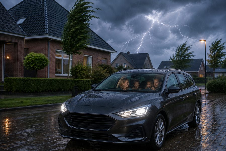 Een gezin dat bij zwaar onweer in de auto blijft zitten, met bliksem boven de woonwijk