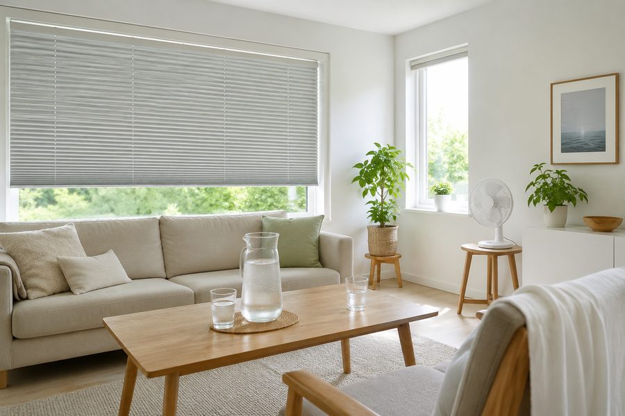 Een woonkamer met de jaloezieën dicht aan de zonkant, een ventilator en een karaf water op tafel