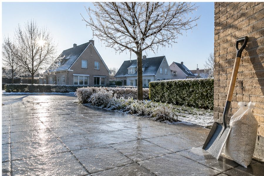 Een spiegelglad terras vol ijzel, met een sneeuwschuiver en een zak strooizand tegen de gevel
