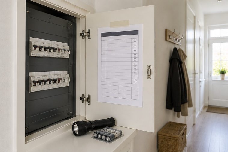 De printbare wat-doe-ik-nu-kaart aan de binnenkant van de meterkastdeur, met een zaklamp en batterijen ervoor