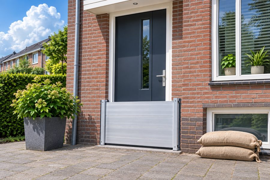 Een waterschot voor de voordeur en zandzakken voor het kelderraam