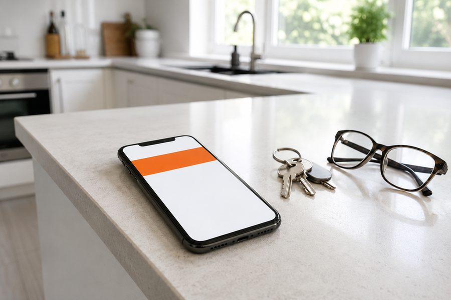 Een telefoon met een melding in beeld, op het aanrecht naast een sleutelbos en een leesbril