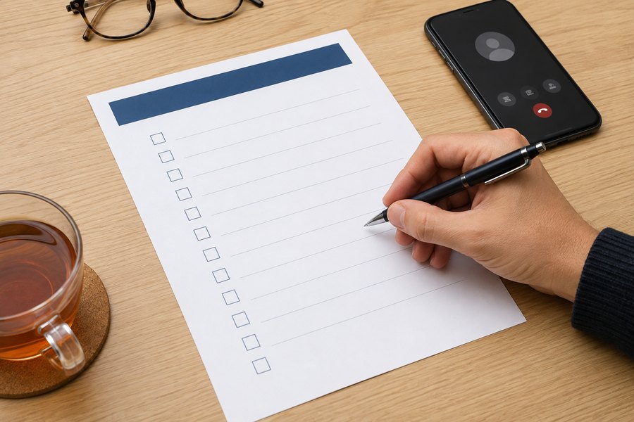 Een printbare gemeente-checklist op tafel met een pen erboven en een telefoon in gesprek ernaast