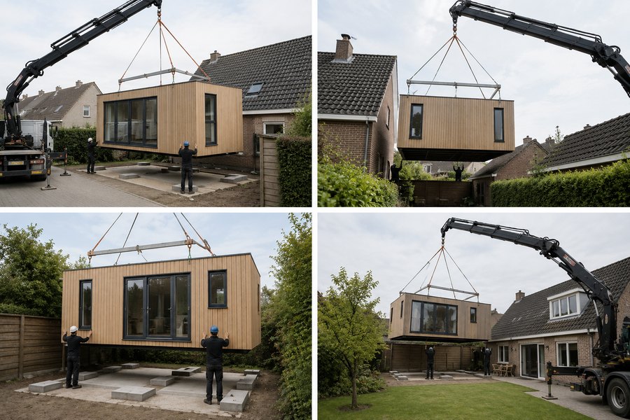 Een zorgunit wordt met een kraan over het huis heen op zijn fundering in de achtertuin gezet