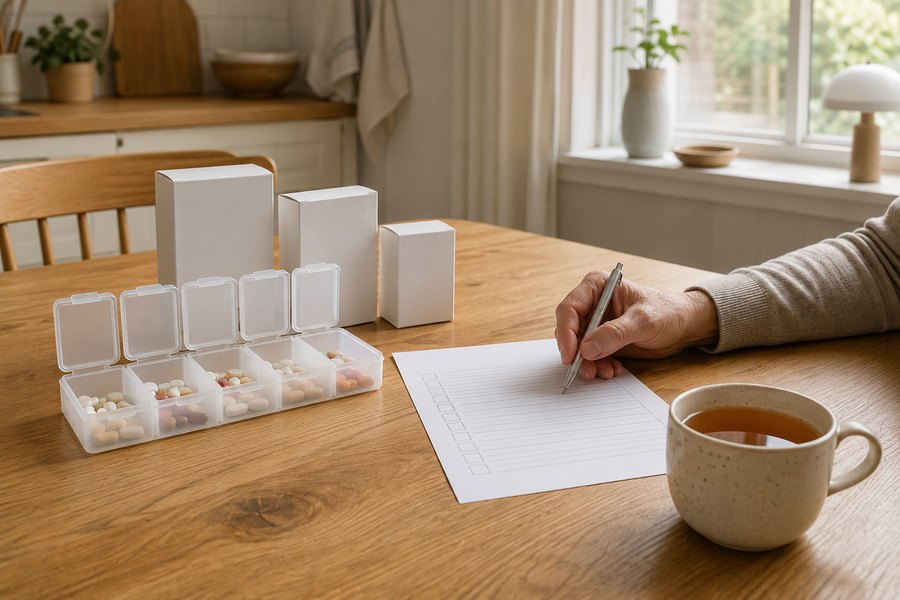 Keukentafel met een medicijndoos, losse doosjes en een ingevuld overzicht op papier, met een hand die erop rust