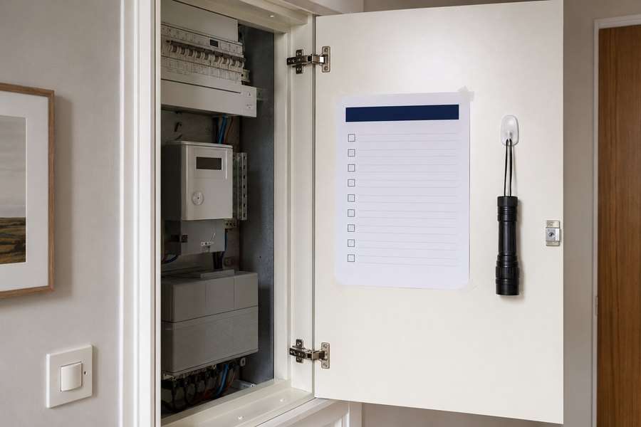 Een printbare Zorgkaart geplakt aan de binnenkant van de meterkastdeur, met een zaklamp aan een haakje ernaast