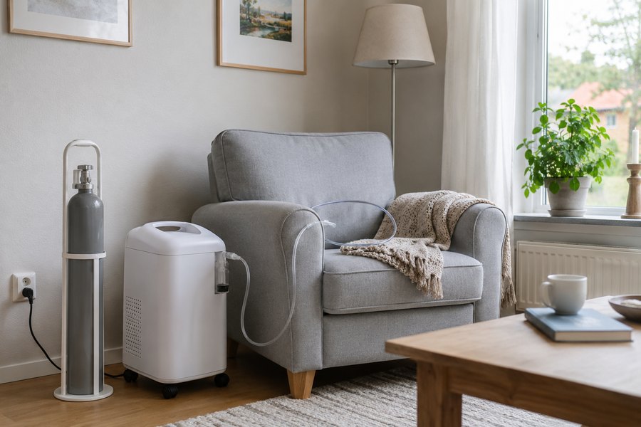 Een zuurstofconcentrator naast een fauteuil, met een reservecilinder binnen handbereik ernaast