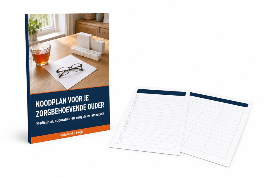 Mockup van het Noodplan voor je zorgbehoevende ouder: de gids met daarvoor de printbare Zorgkaart