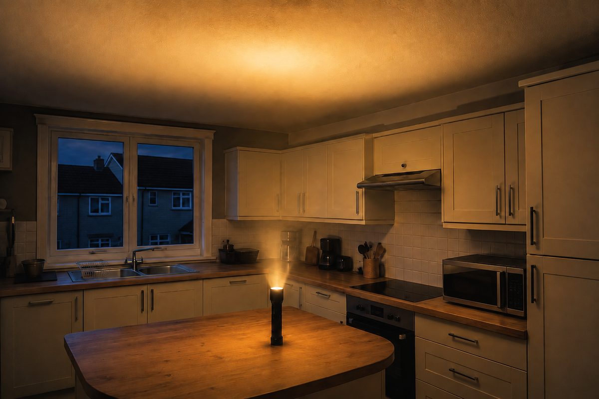 Een donkere keuken tijdens een stroomuitval, alleen verlicht door een zaklamp op het aanrecht