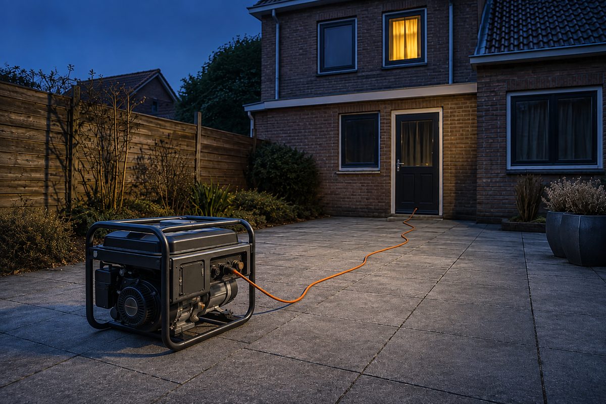 Een aggregaat dat buiten op de bestrating draait, met een kabel naar het huis