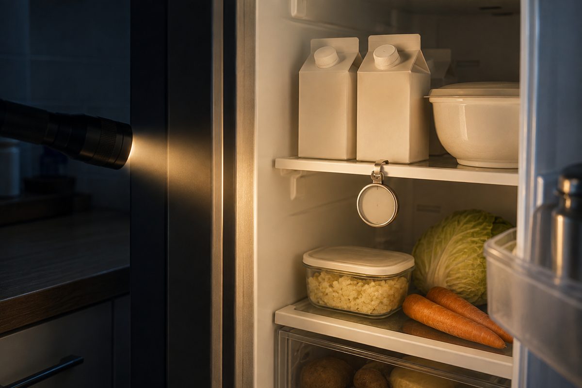 Een geopende koelkast in het donker, bijgelicht met een zaklamp, met een thermometer op een schap