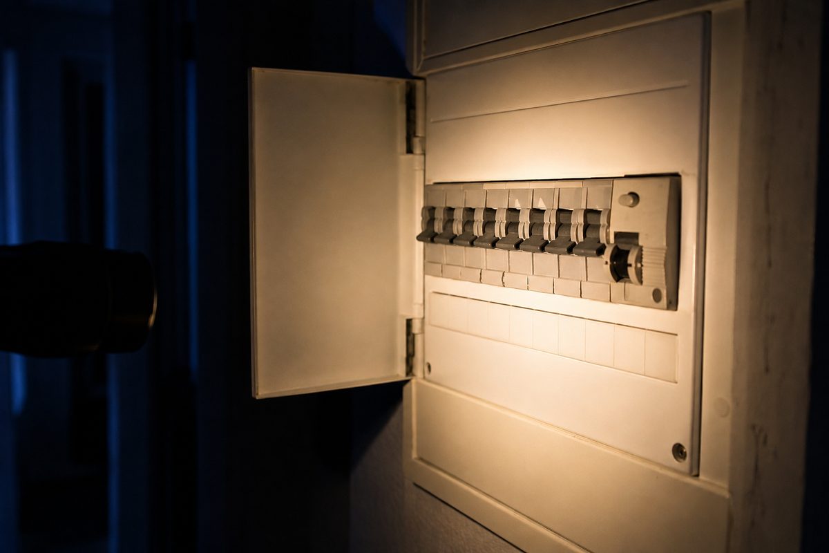 Een geopende meterkast, bijgelicht met een zaklamp om de aardlekschakelaar te checken