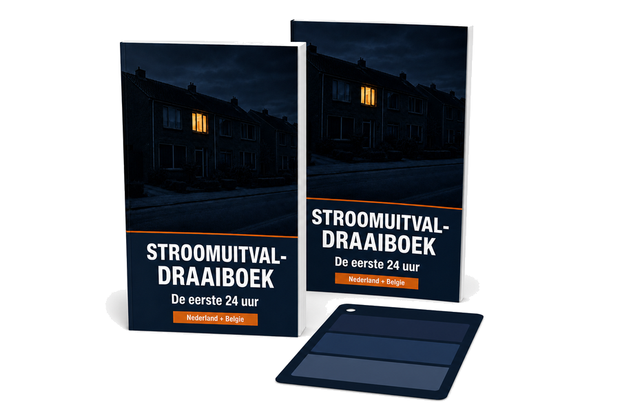 Het Stroomuitval-draaiboek met de Nederlandse en de Belgische editie, plus de printbare kaart voor bij de meterkast