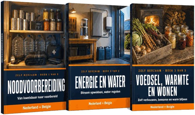 De drie digitale boeken van het Zelf Redzaam Handboek: noodvoorbereiding, energie en water, en voedsel, warmte en wonen.