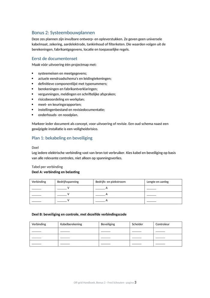 Pagina uit bonus 2: het begin van plan 1, bekabeling en beveiliging, met invultabellen voor verbindingen en beveiliging.