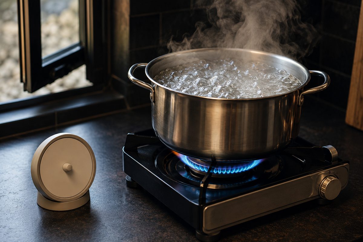 Een pan water aan de kook op een gasstel, met opstijgende stoom