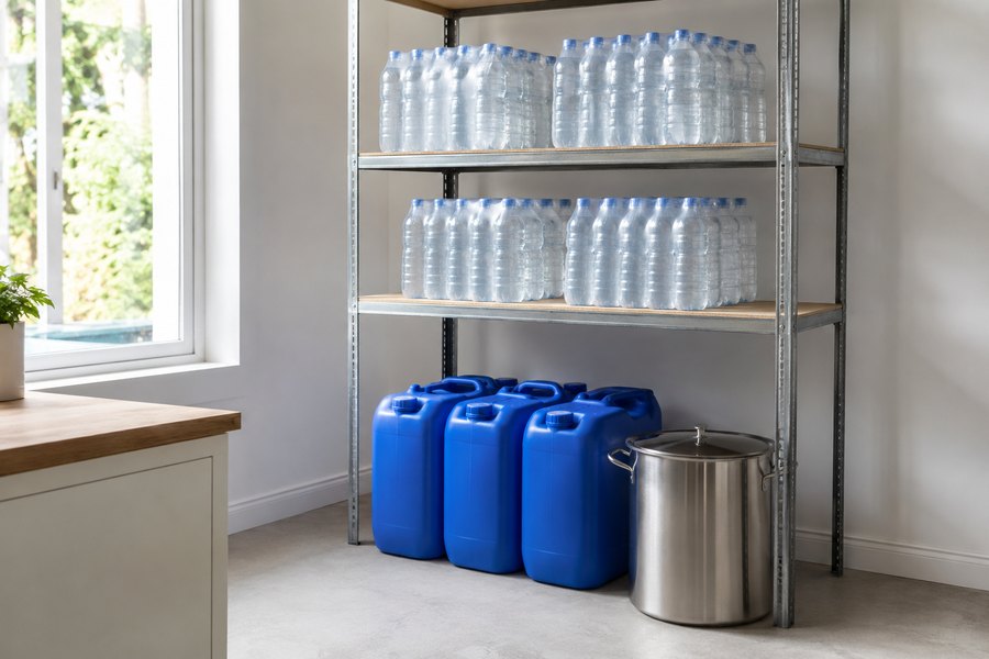 Een watervoorraad thuis: gestapelde jerrycans, flessen water op een stelling en een grote pan