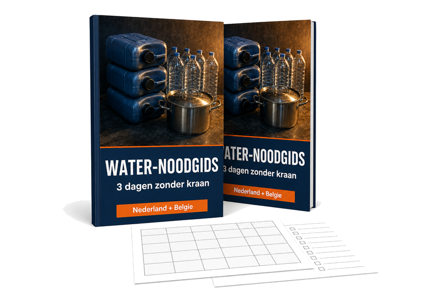 De Water-noodgids met de Nederlandse en de Belgische editie, plus de printbare zuiveringsmatrix en checklist