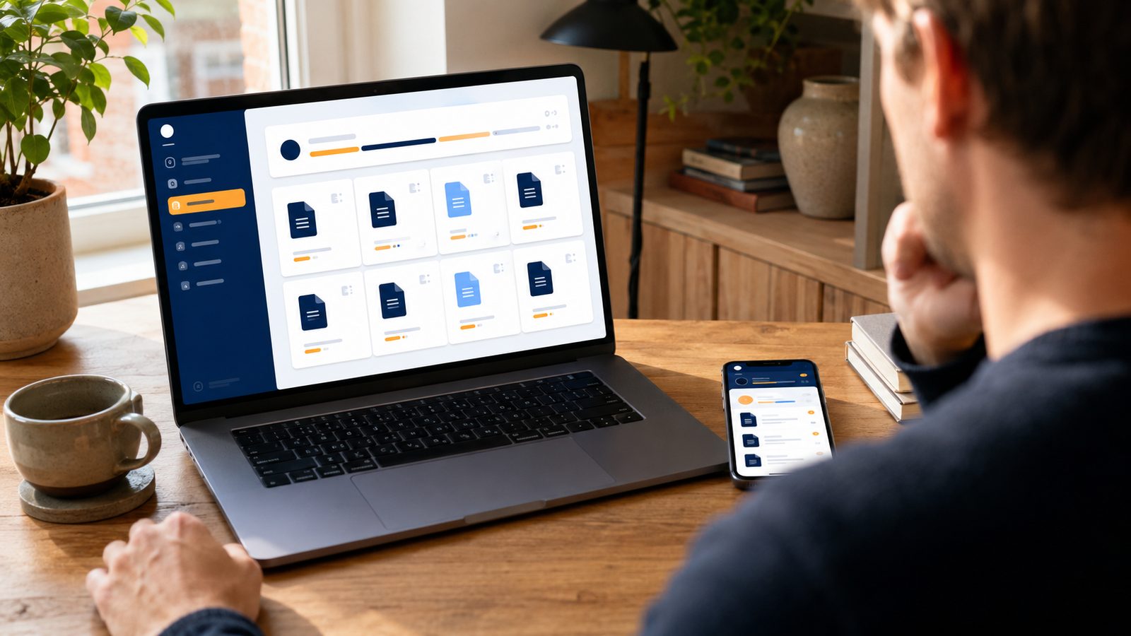 Het besloten ledenportaal op laptop en telefoon, met het handboek, de bonussen en de calculator
