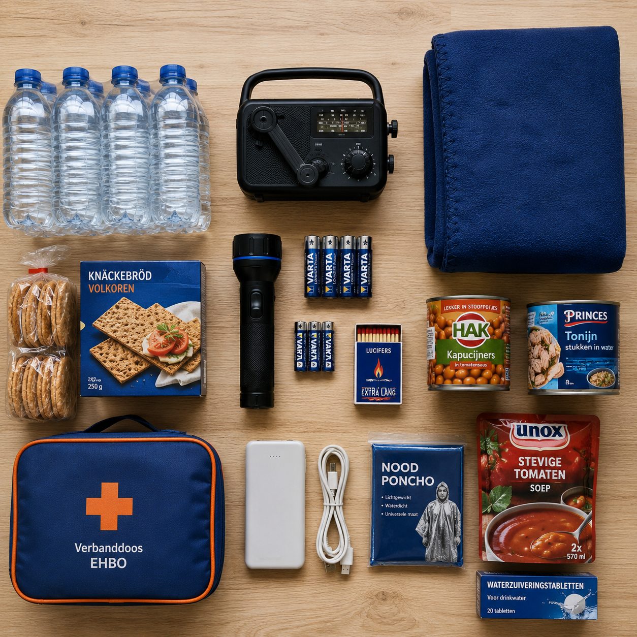Compleet noodpakket voor de eerste 72 uur: water, houdbaar voedsel, zaklamp, radio en EHBO-spullen