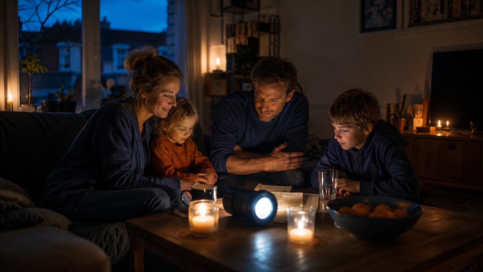 Donkere woonkamer tijdens een stroomstoring, verlicht door kaarsen en een zaklamp
