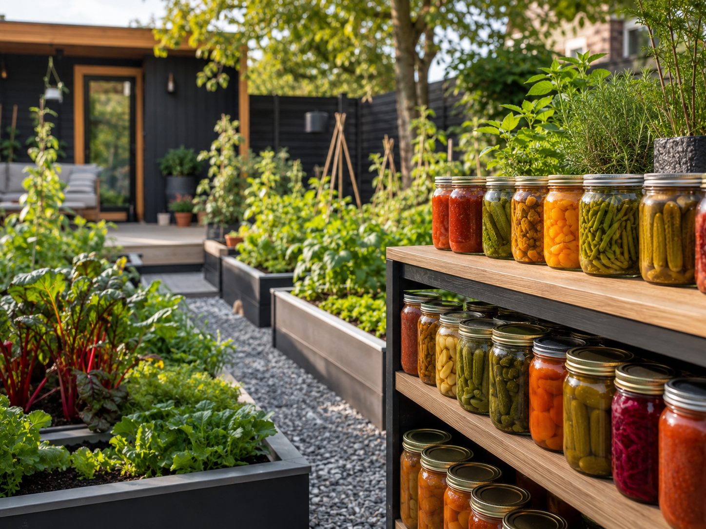 Moestuin met eigen groenten en weckpotten voor het bewaren van voedsel